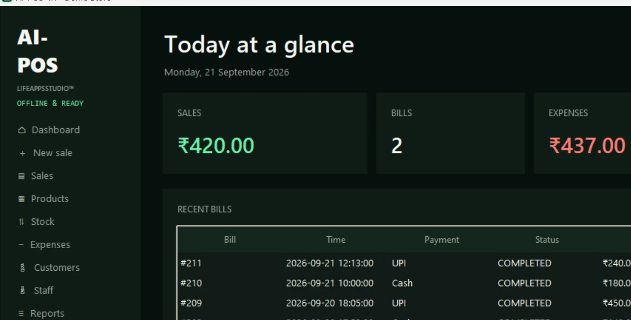 AI-POS dashboard showing daily sales, bills and expenses