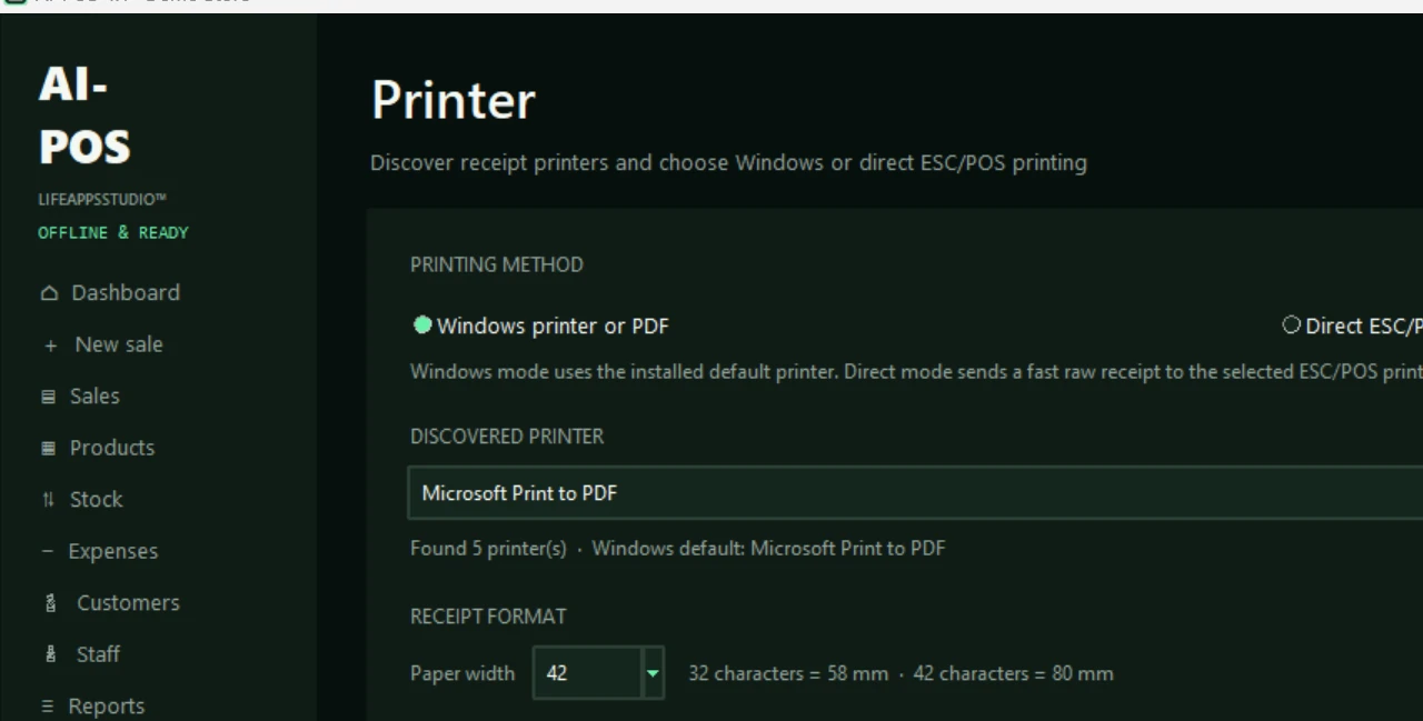 AI-POS printer screen showing Microsoft Print to PDF and ESC POS settings